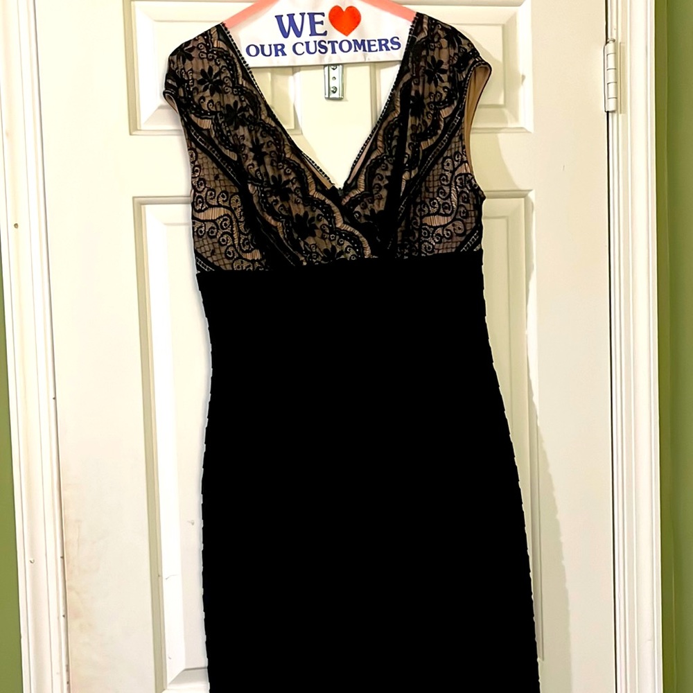 Black formal dress size 12. Too is black lace over tan fabric.